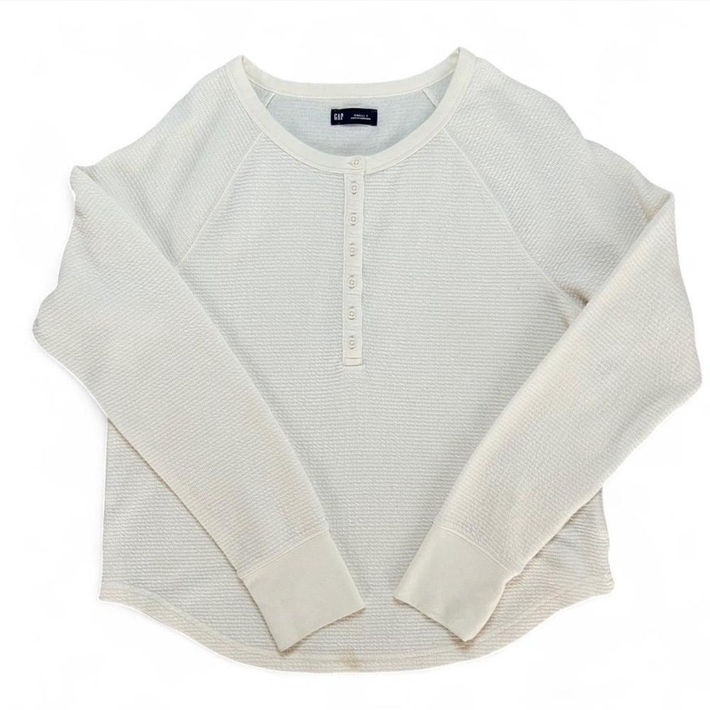 Women’s Medium Tall Cream Long Sleeve Henley Top Soft Cozy